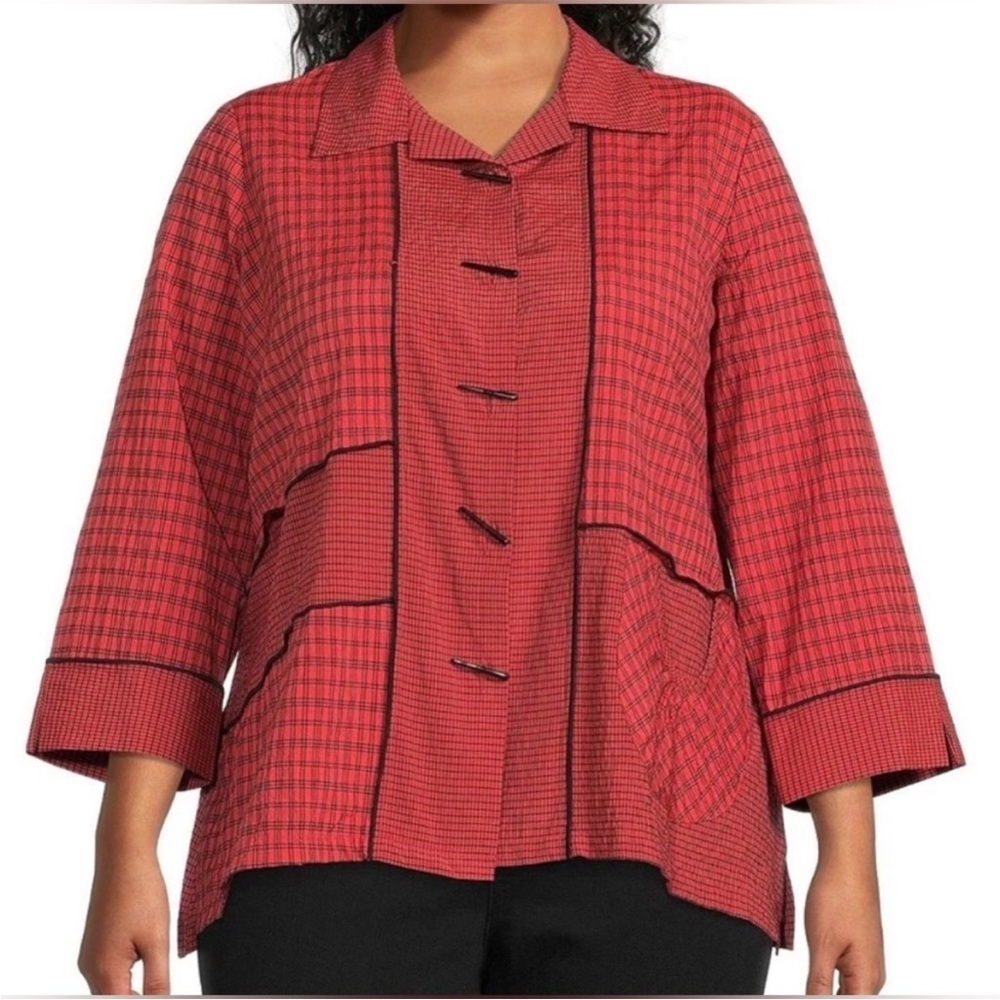 Ali Miles Textured Pattern Woven Pucker Point Collar Button Down Top Size XL